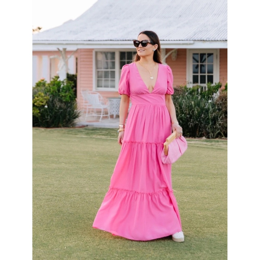 NWT STS Sail to Sable Pink Silk and Cotton Puff Sleeve Maxi Dress | Size Medium